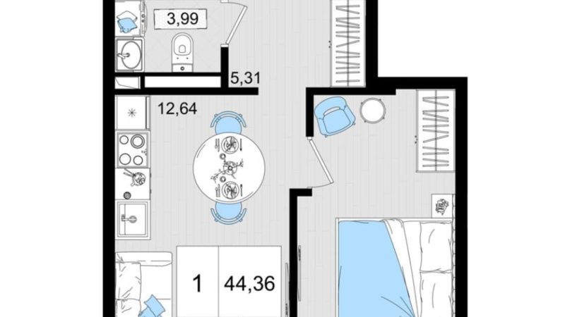 Продажа 1-комнатных апартаментов от застройщика, 43.09 м², Анапа, шоссе Симферопольское, Корпус                                                     3