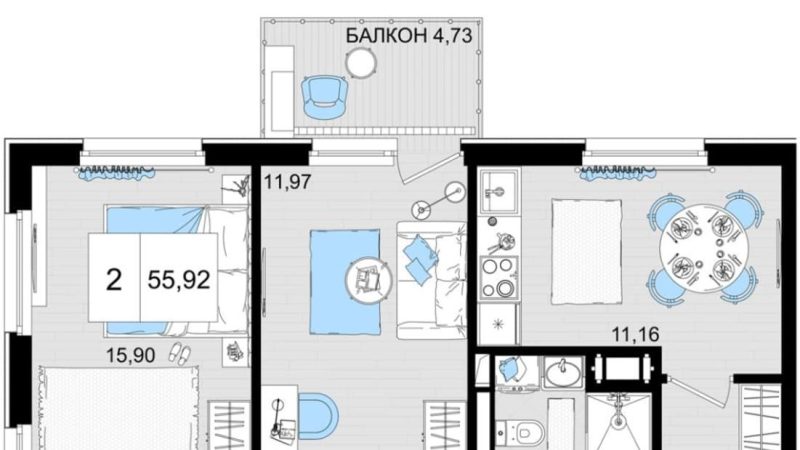 Продаем 2-комнатные апартаменты от застройщика, 54.28 м², Анапа, шоссе Симферопольское, Корпус                                                     3
