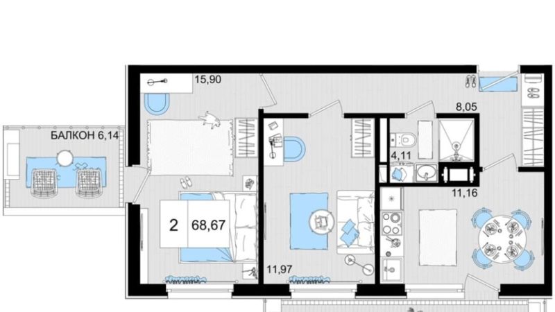 Продажа 2-комнатных апартаментов от застройщика, 66.9 м², Анапа, шоссе Симферопольское, Корпус                                                     3